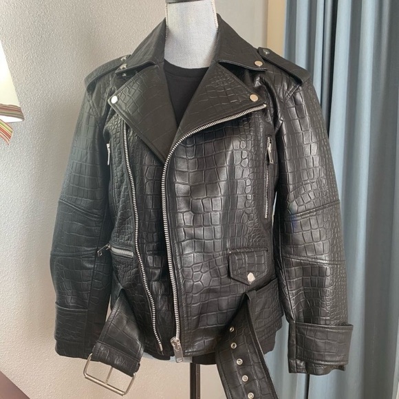 Walter Baker Black and Silver Lamb Skin Leather Motorcycle Jacket - Picture 3 of 12